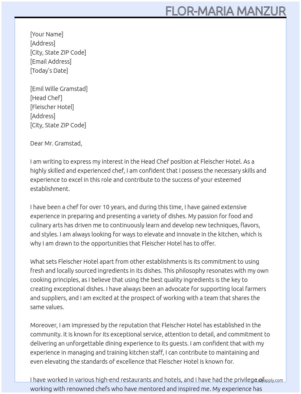 Head chef At Fleischer Hotel Cover Letter