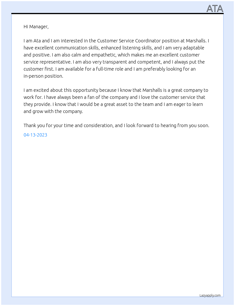 Customer Service Coordinator At Marshalls  Cover Letter