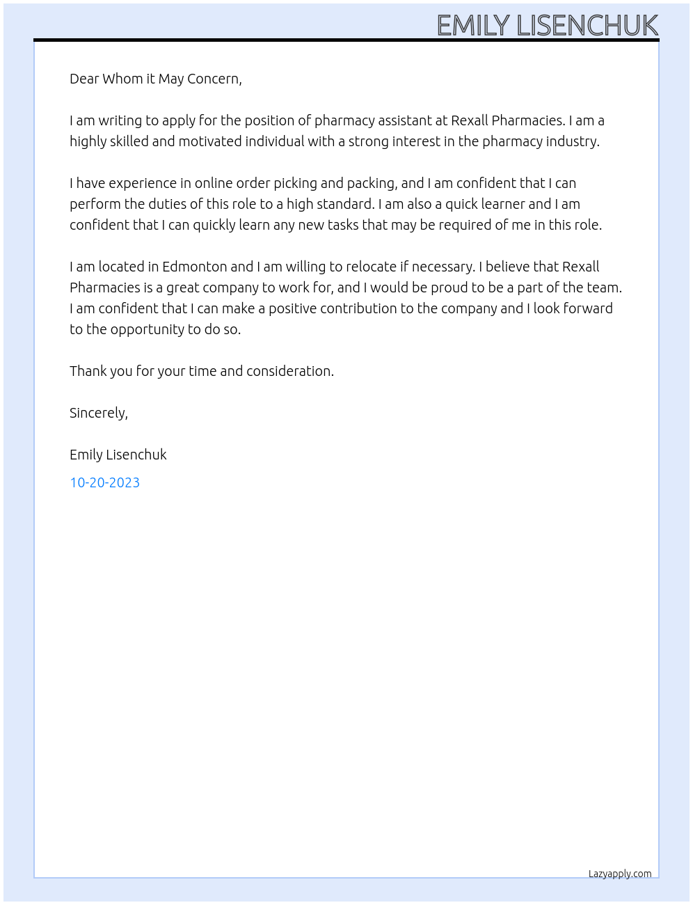 Pharmacy assistant At Rexall Pharmacies Cover Letter