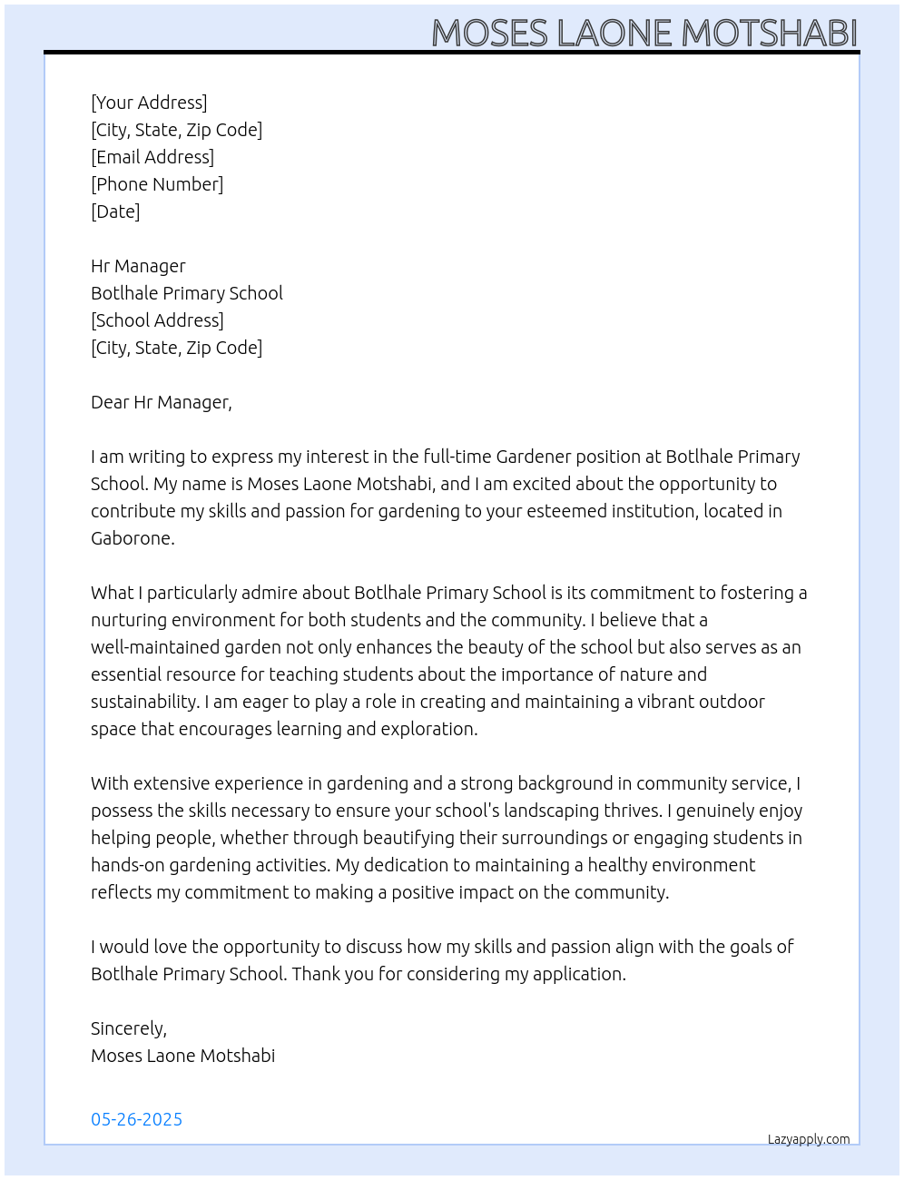 Gardner At Botlhale Primary School  Cover Letter