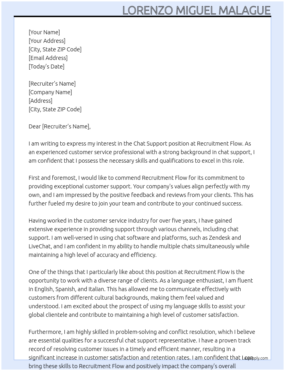 Chat support At recruitment flow Cover Letter