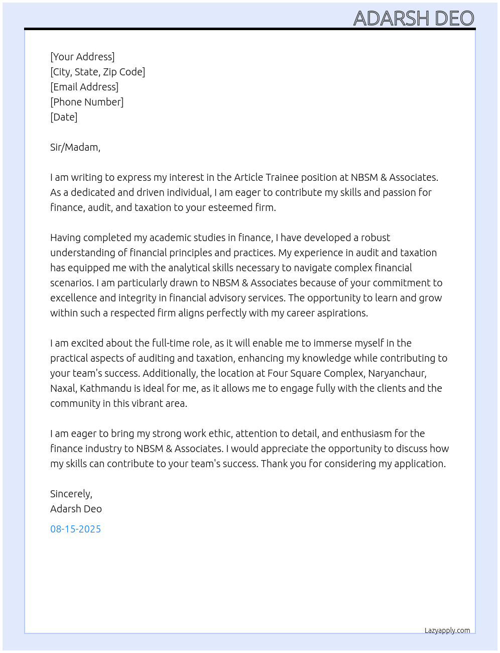 Article Trainee At NBSM & Associates Cover Letter