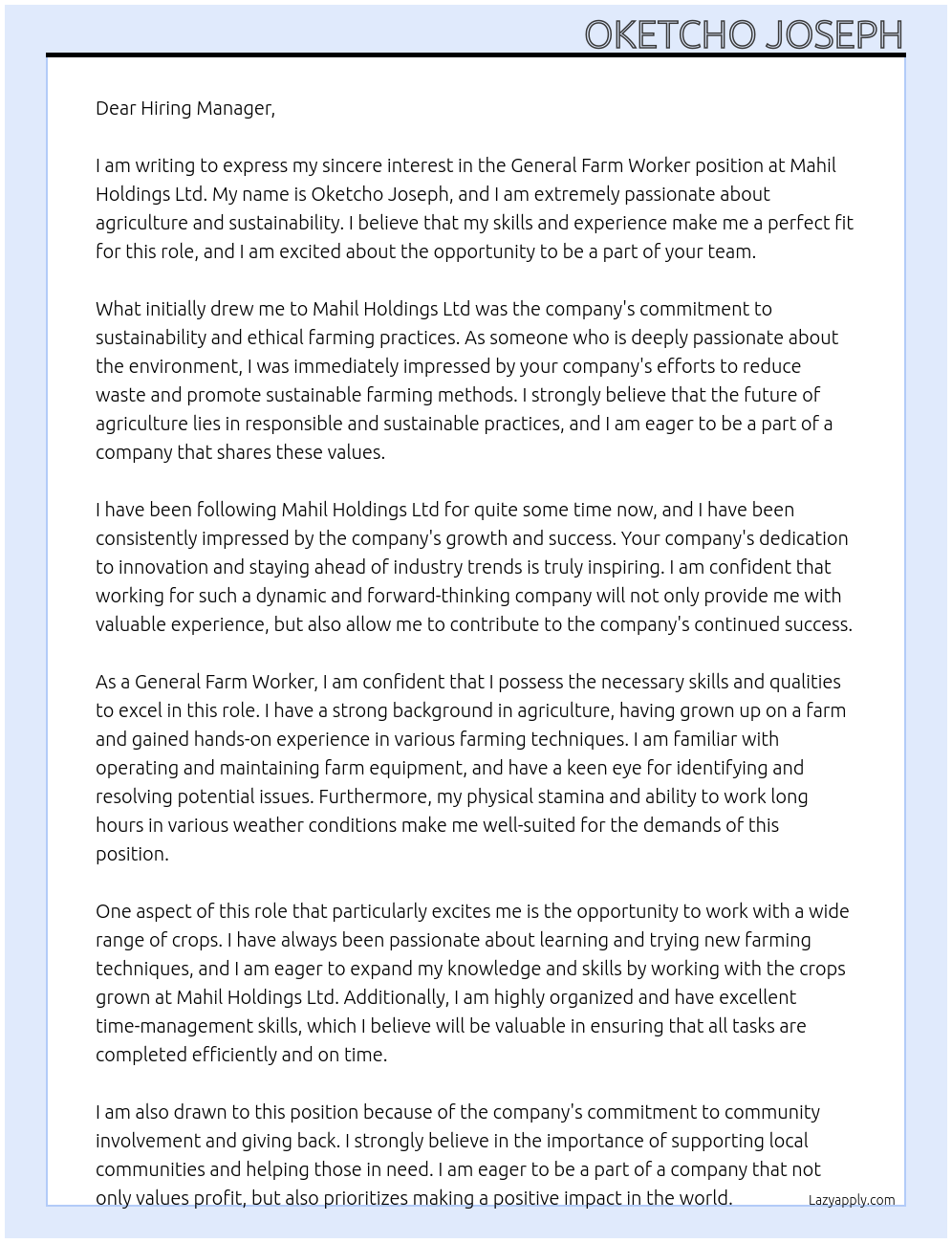 General farm worker At Mahil Holdings Ltd Cover Letter