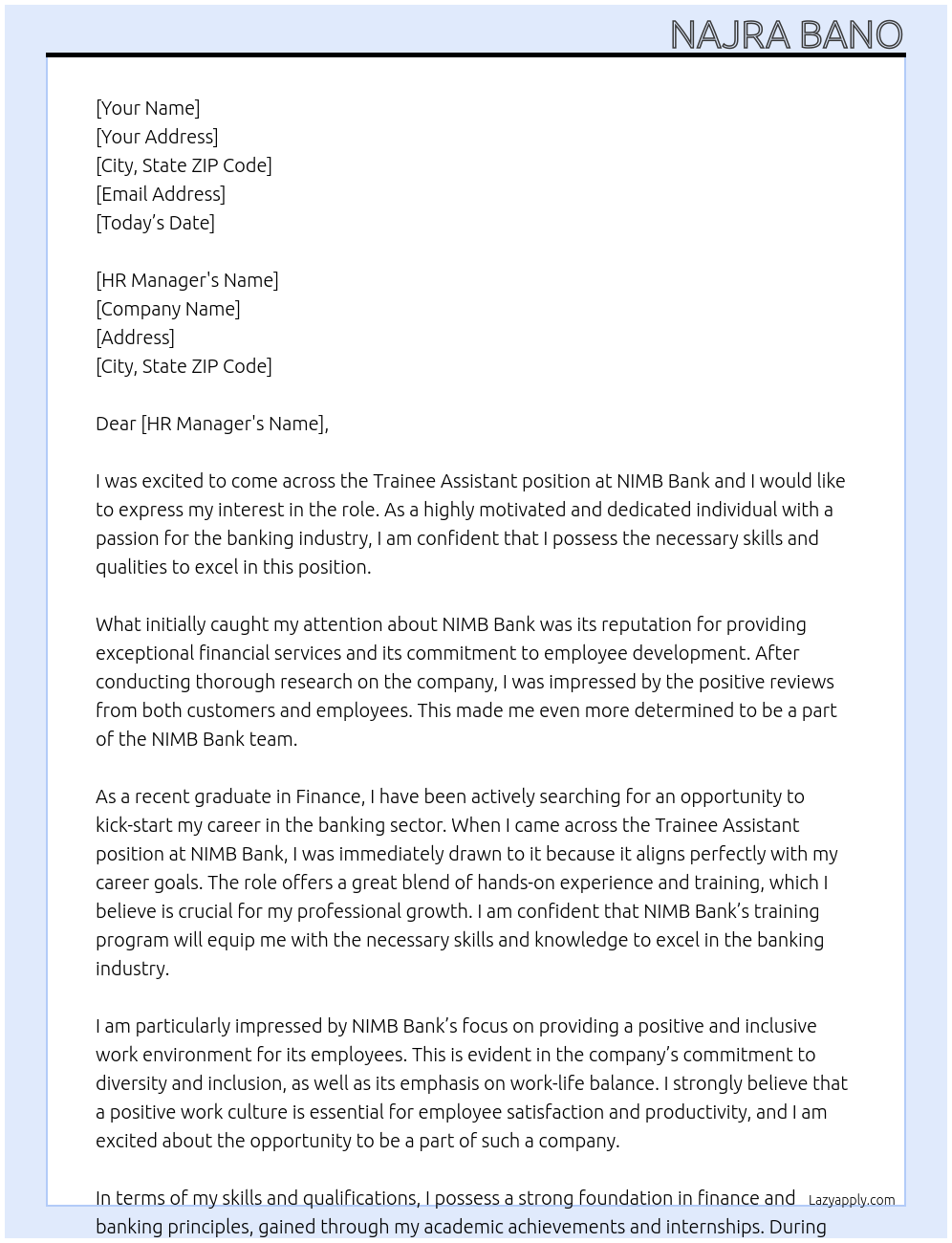 Trainee Assistant At NIMB Bank Cover Letter