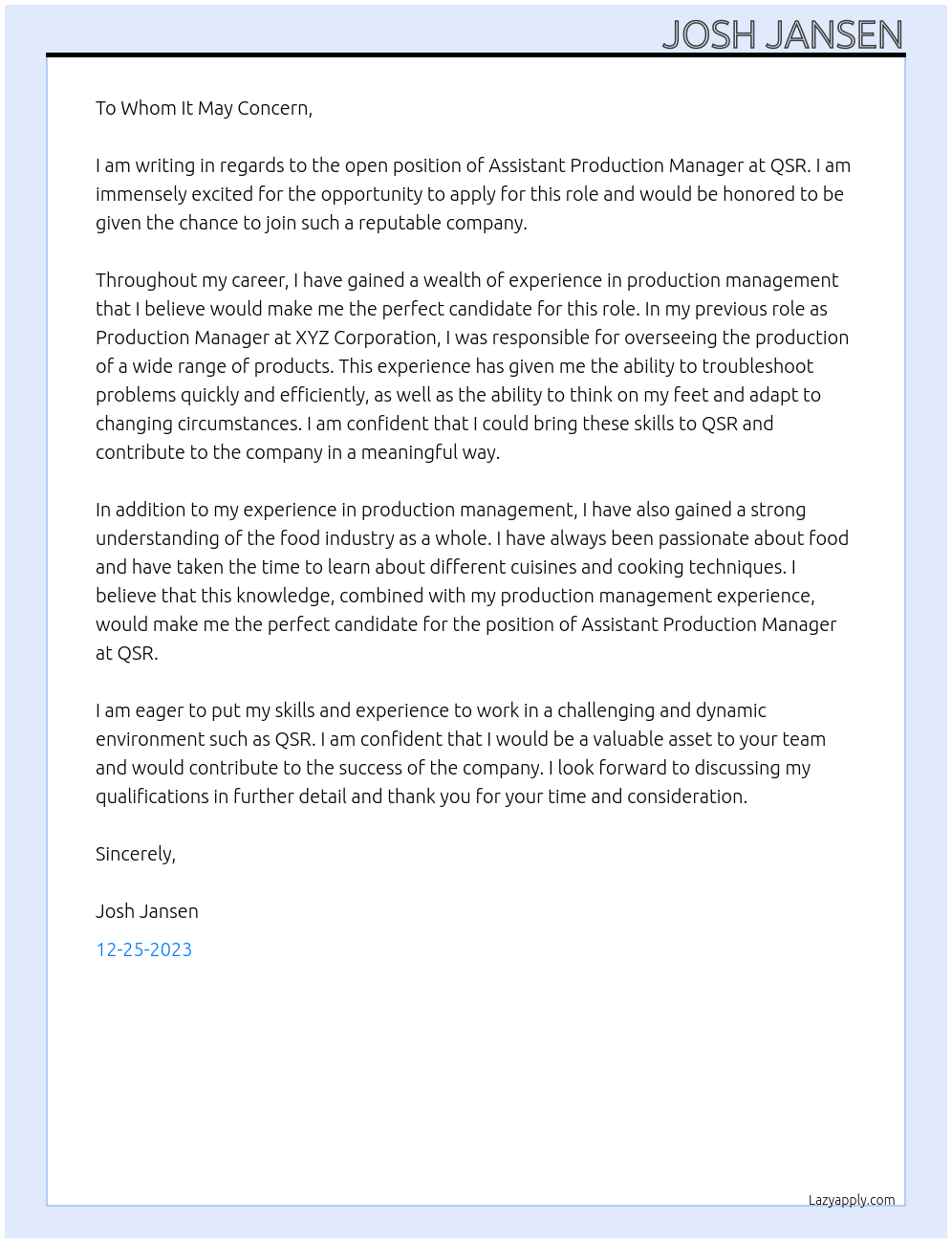 Assistant Production Manager At QSR Cover Letter