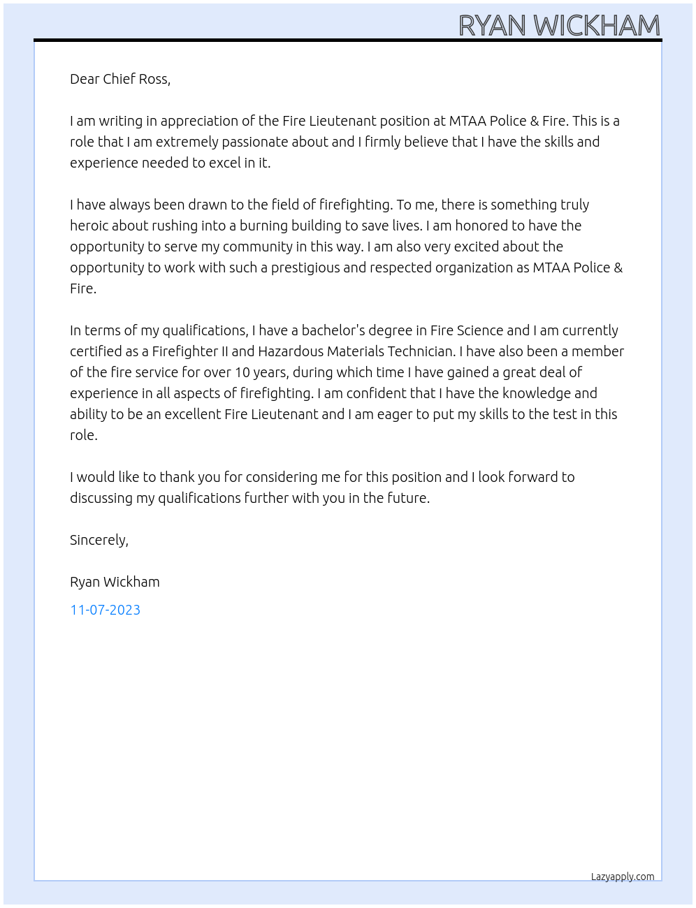 Fire Lieutenant  At MTAA Police & Fire Cover Letter