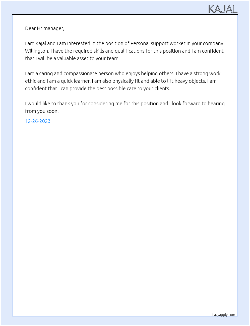 Personal support worker At Willington Cover Letter