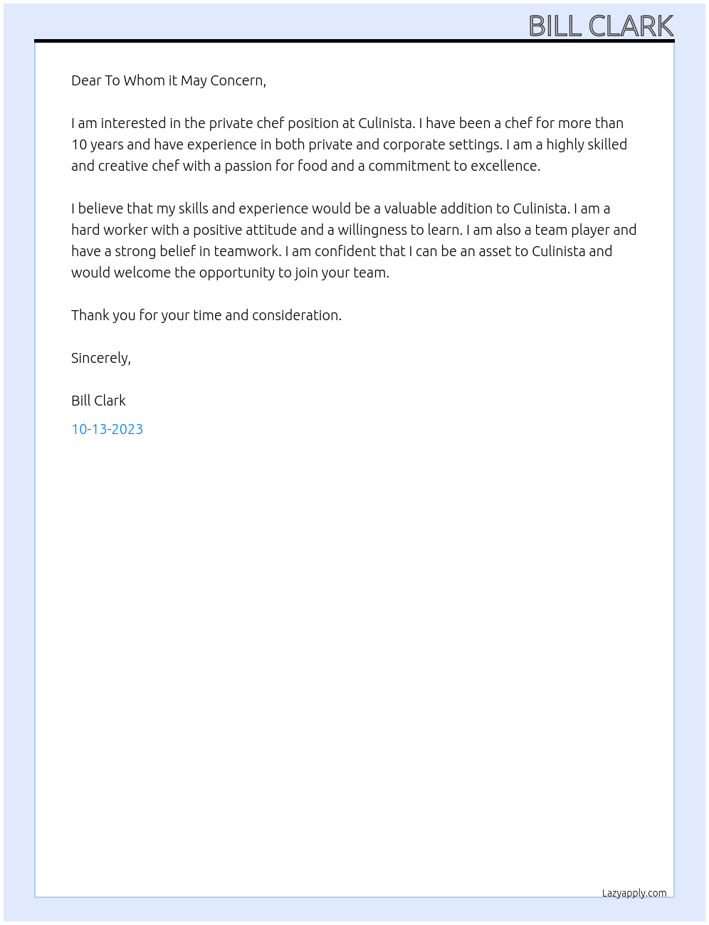 Cover letter for private chef - LazyApply