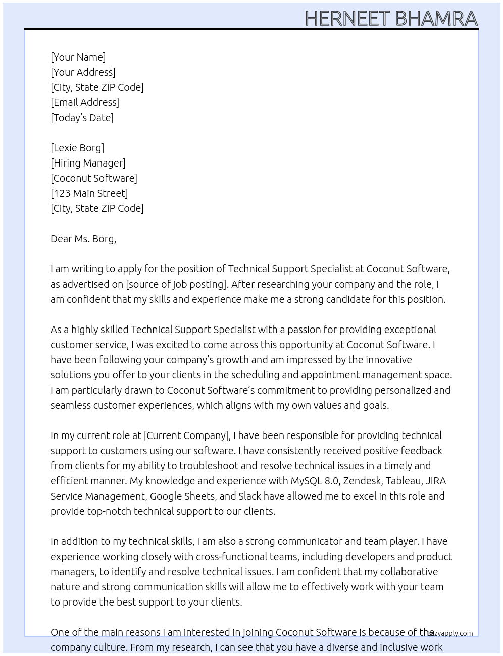 Technical Support Specialist At Coconut Software Cover Letter