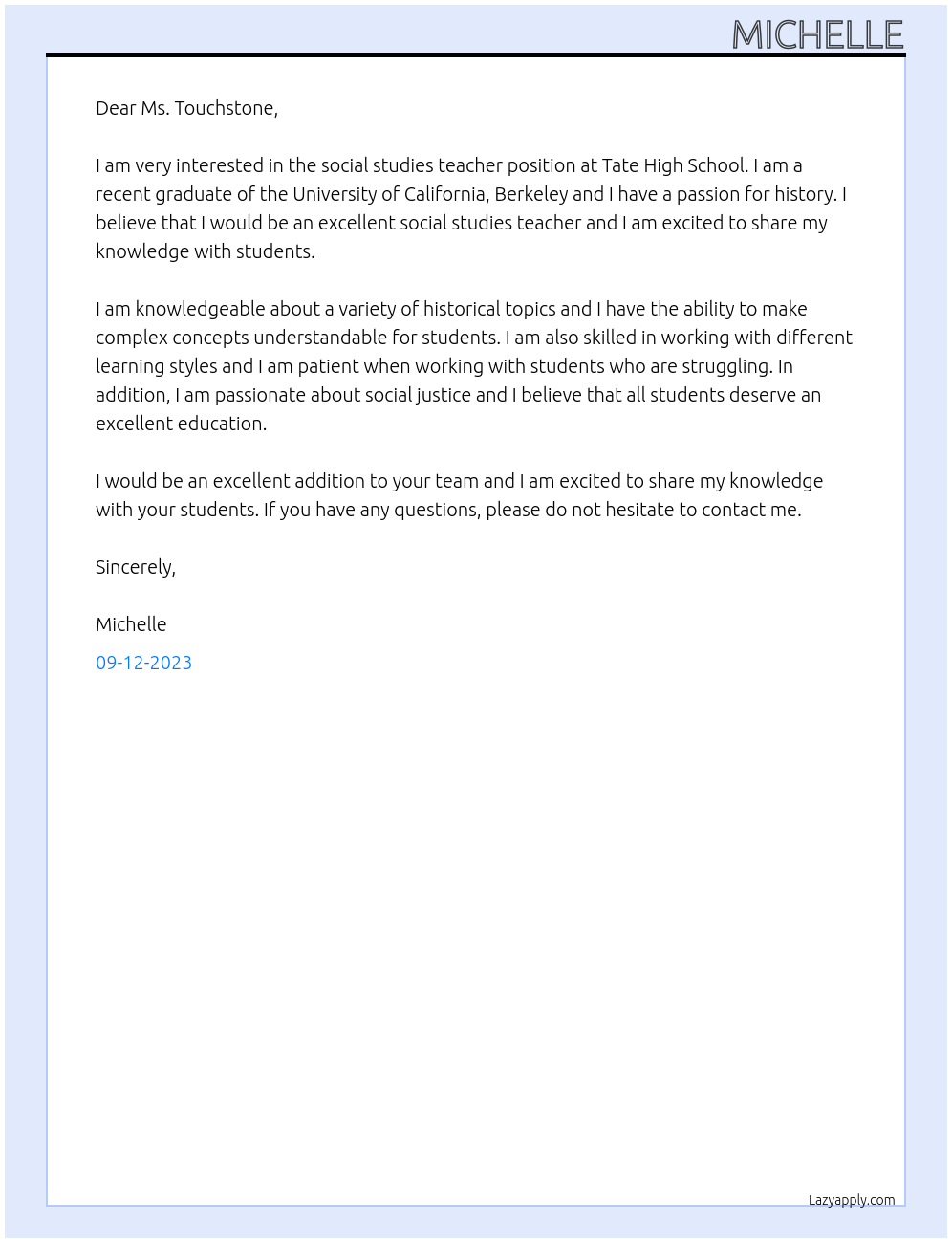 Social Studies Teacher At Tate High School Cover Letter