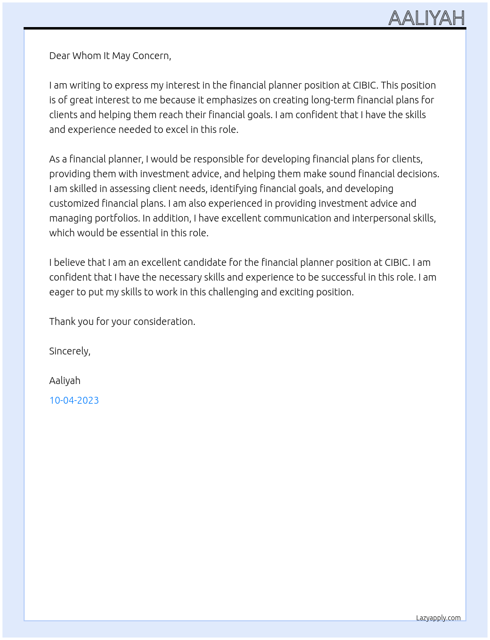 Financial Planner At CIBIC Cover Letter