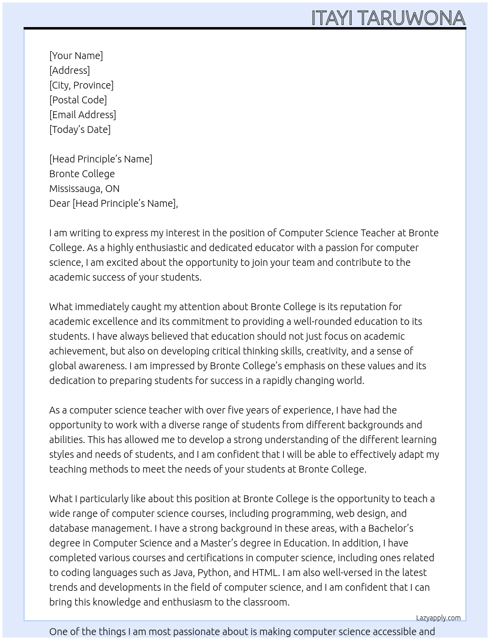 Computer Science  Teacher At Bronte College - Mississauga, ON Cover Letter