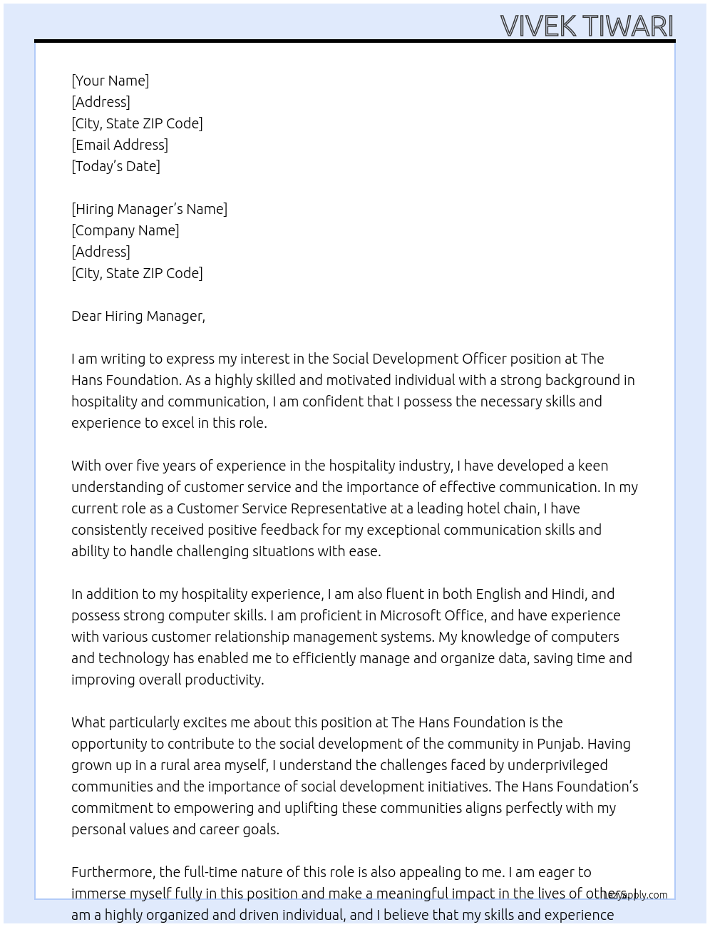 Social Development Officer At The Hans Foundation Cover Letter