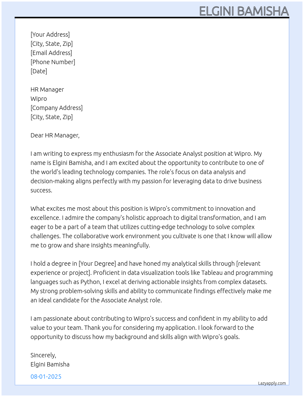 Associate Analyst At Wipro Cover Letter