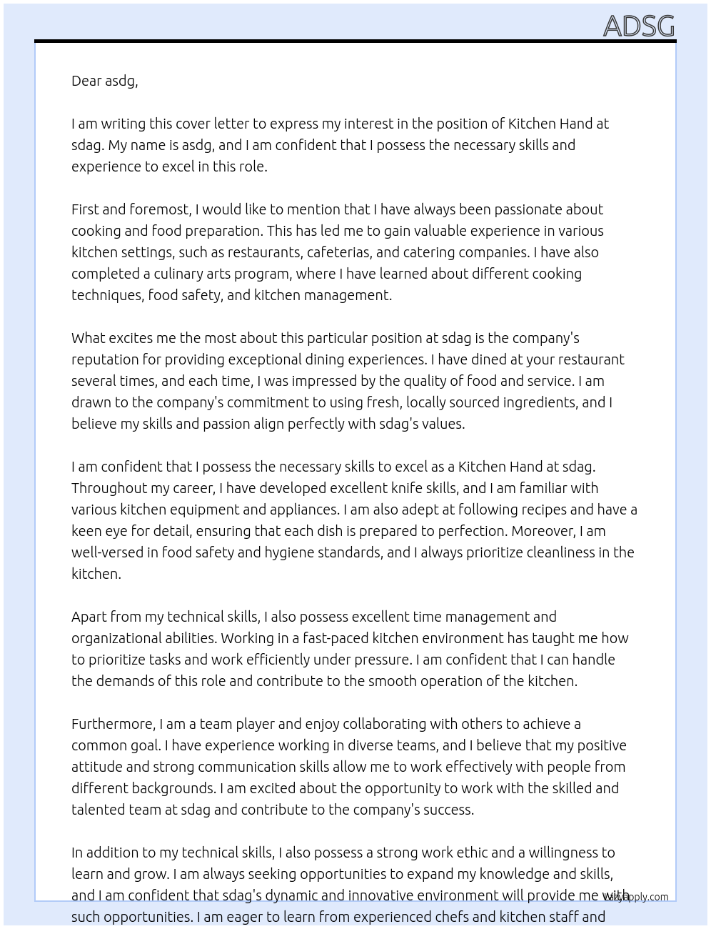 kitchen hand At sdag Cover Letter