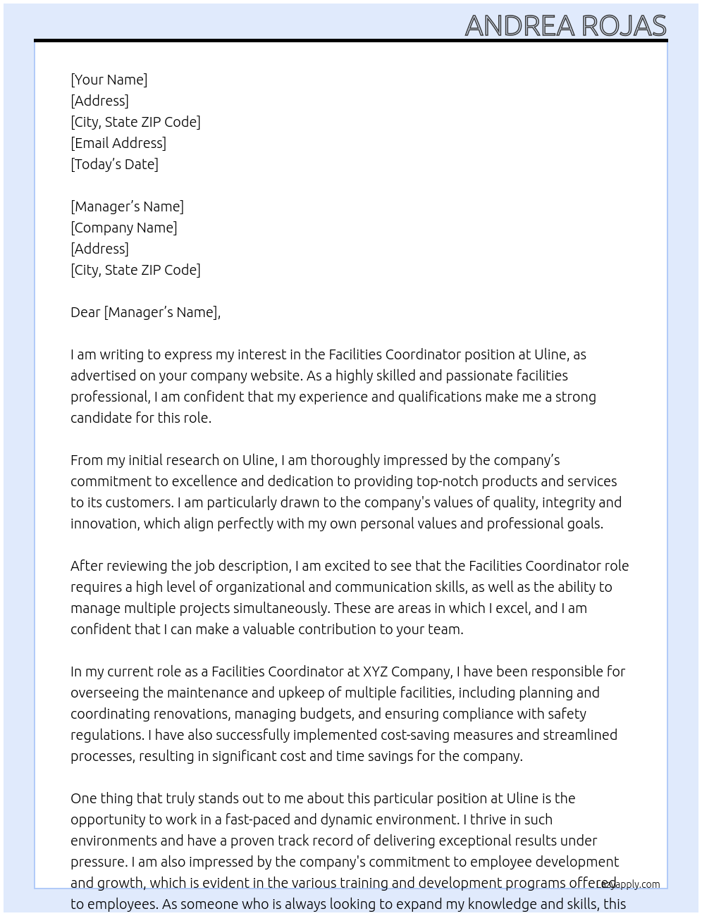 Facilities Coordinator At Uline Cover Letter