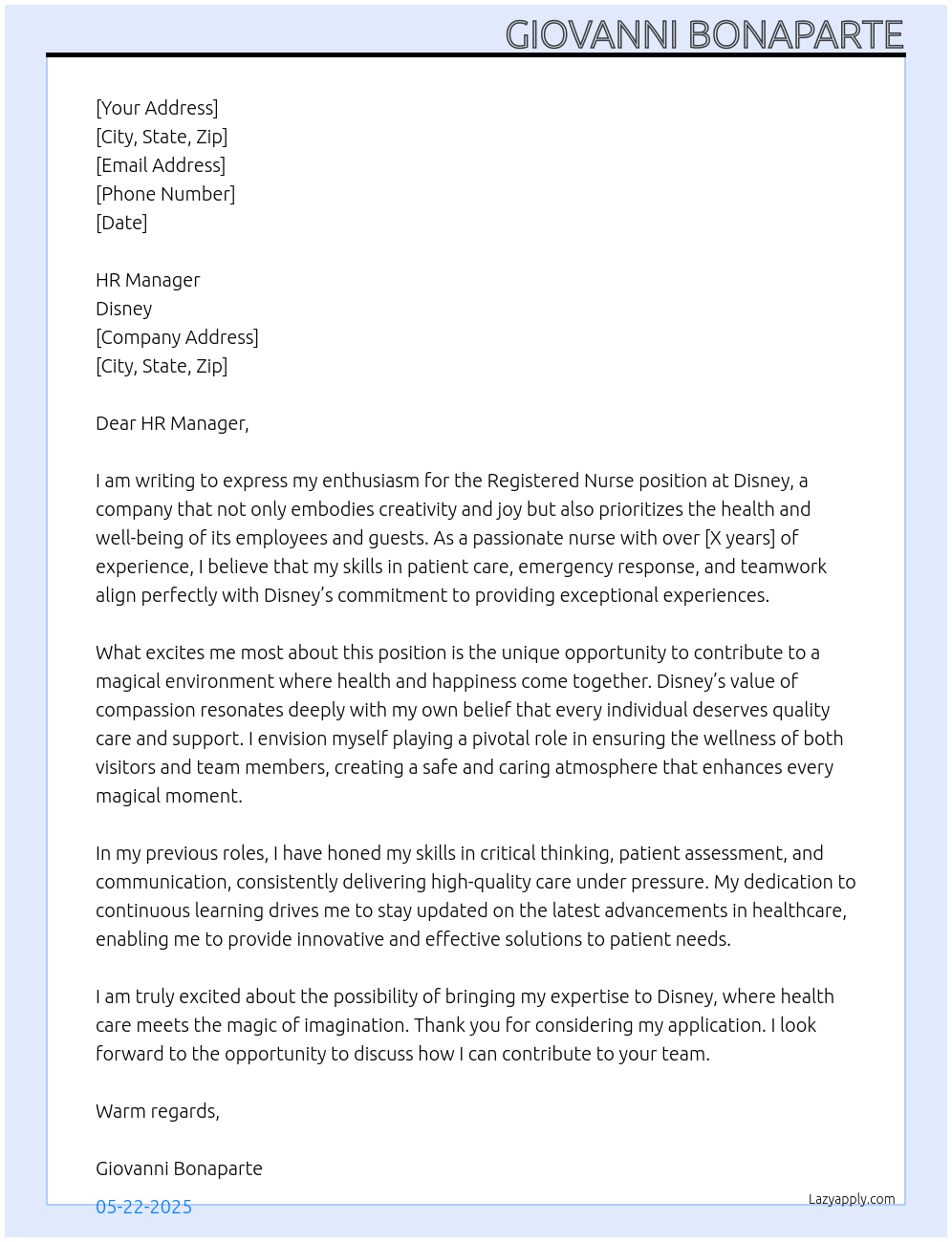 Registered Nurse At Disney Cover Letter