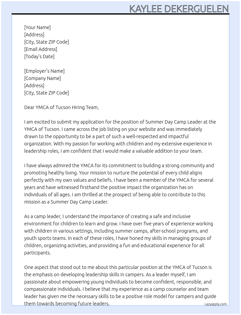 Summer Day Camp Leader  At The YMCA of Tucson Cover Letter