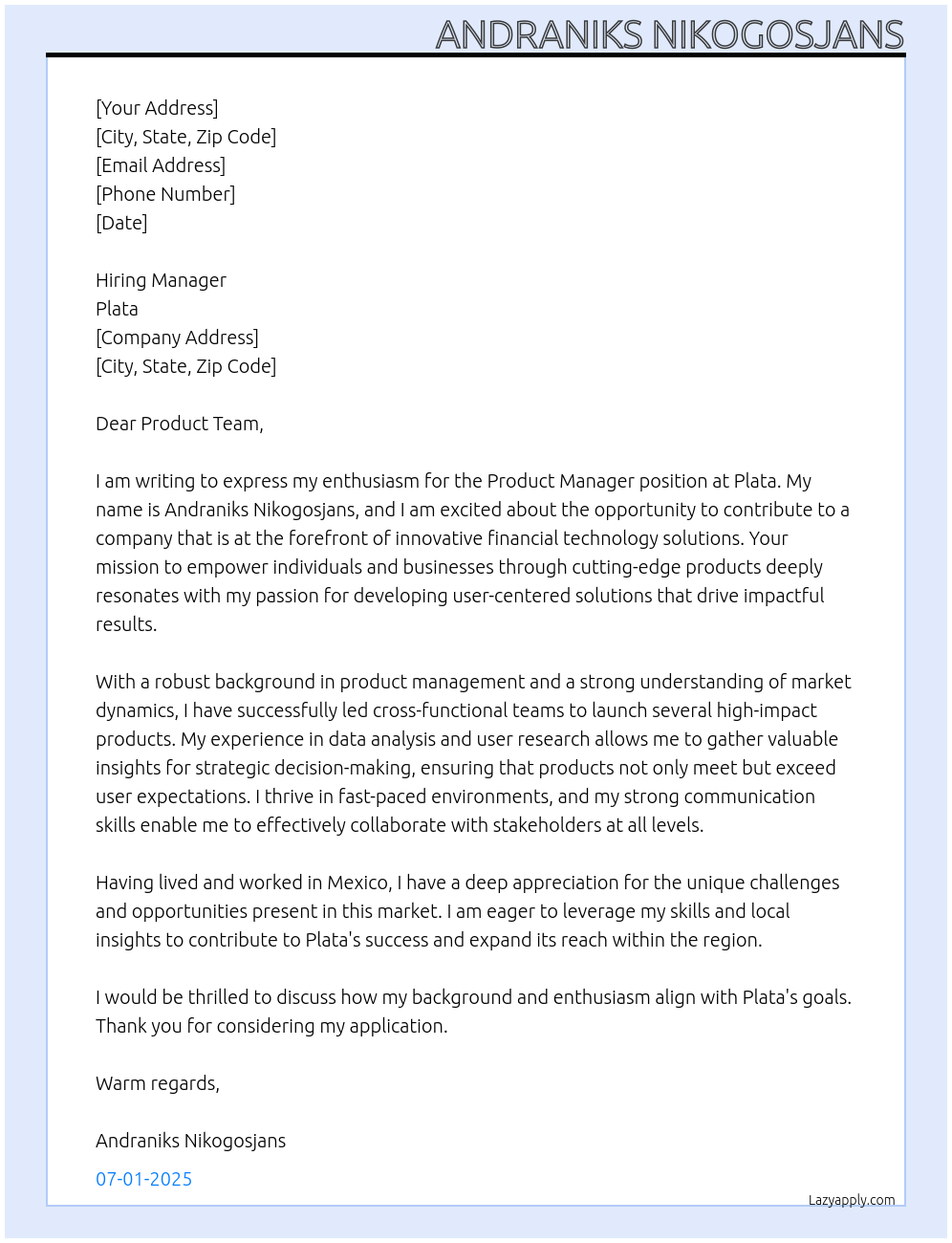 Product Manager  At Plata Cover Letter