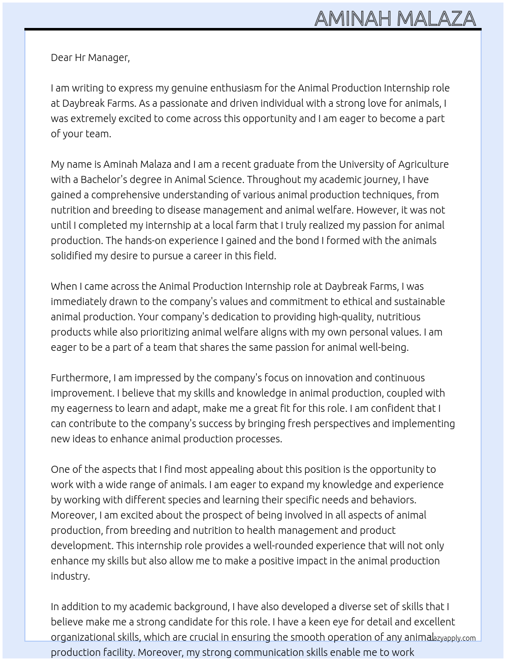 Animal production At Daybreak farms Cover Letter