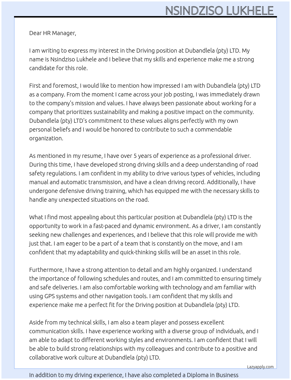 Driving  At Dubandlela (pty) LTD Cover Letter