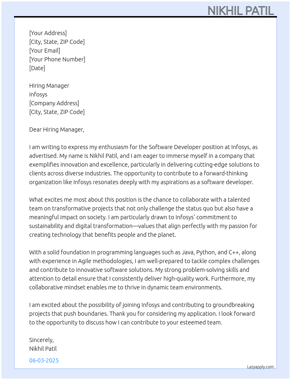 Software developer At Infosys Cover Letter