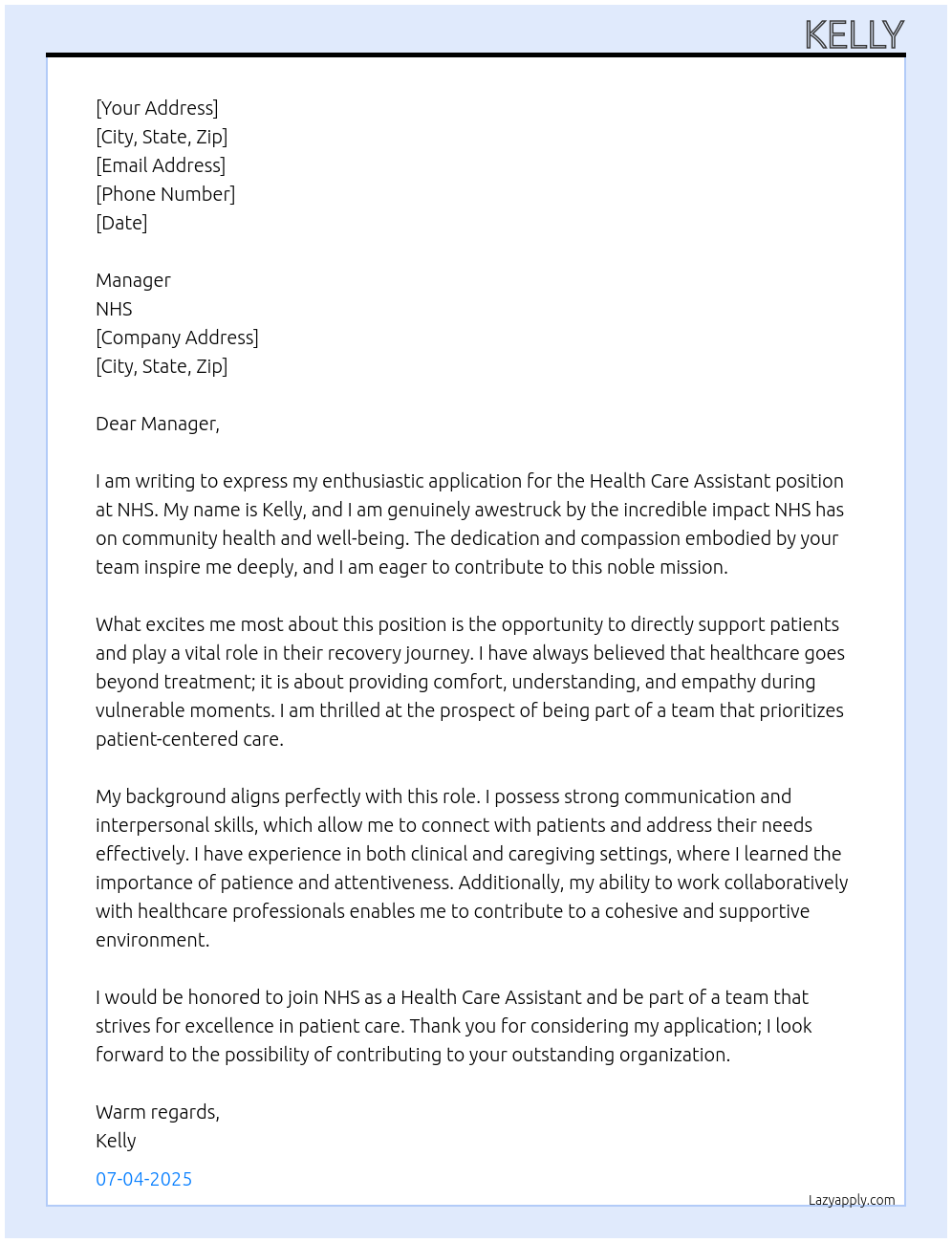 Health care assistant At NHS Cover Letter