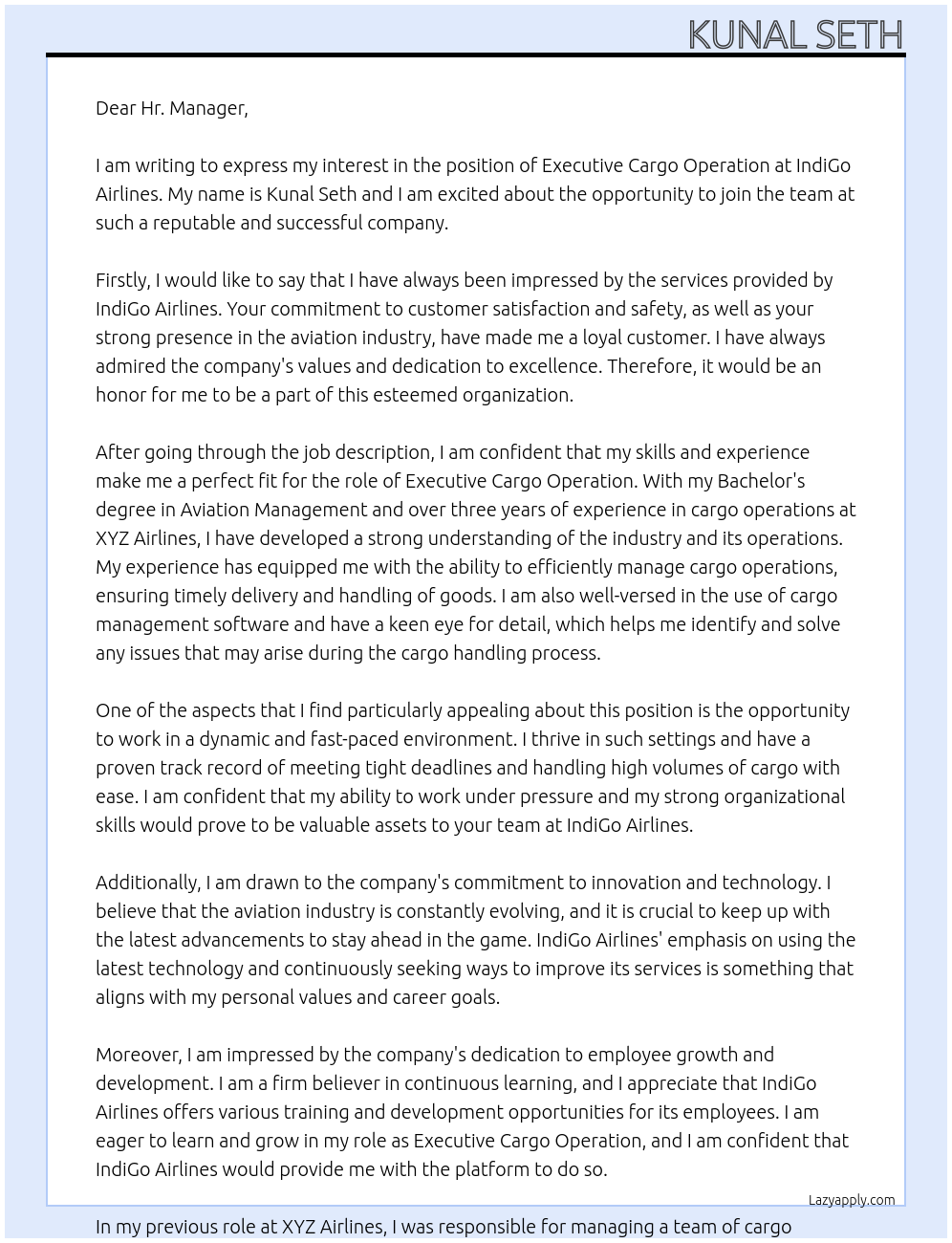 Executive Cargo Operation At IndiGo Airlines Cover Letter