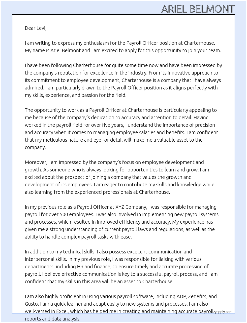 Payroll Officer At Charterhouse Cover Letter