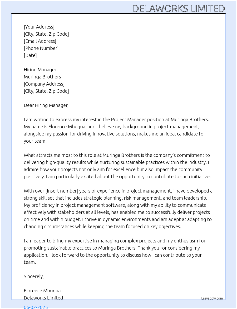 Project Manager At Muringa Brothers Cover Letter