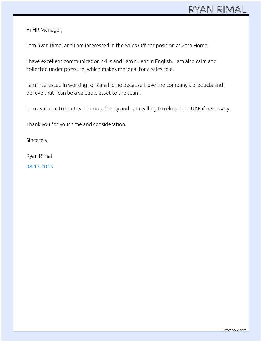 Sales officer At Zara home Cover Letter