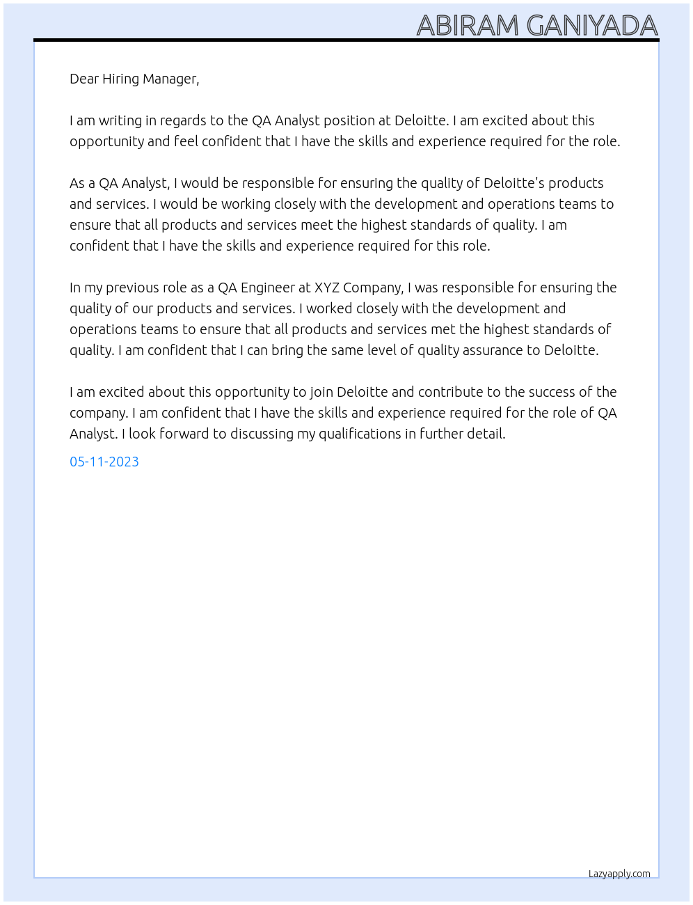 QA ANALYST At Deloitte Cover Letter