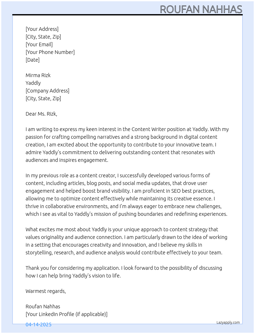 Content Writer At Yaddly Cover Letter