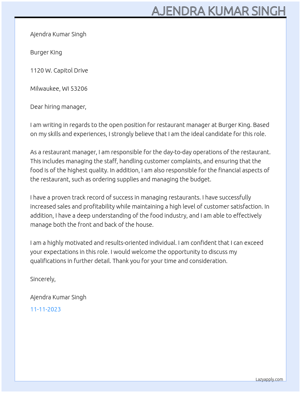 Restaurant Manager At burgerking Cover Letter