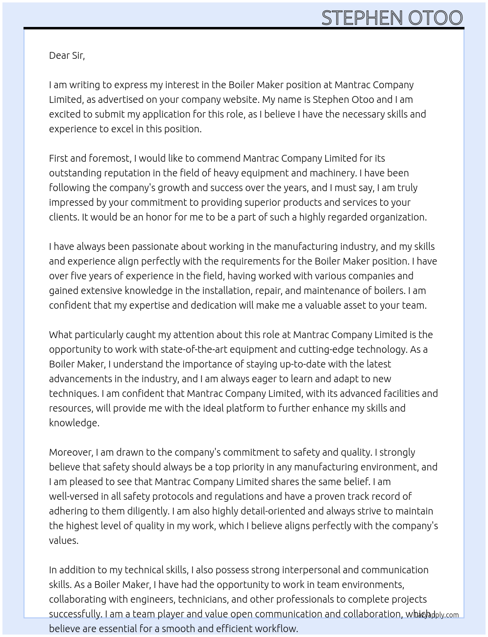 Boiler Maker At Mantrac Company Limited  Cover Letter