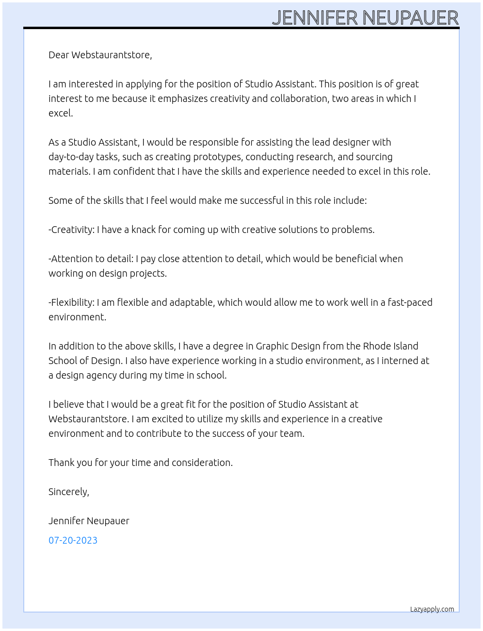 Studio Assistant At Webstaurantstore Cover Letter