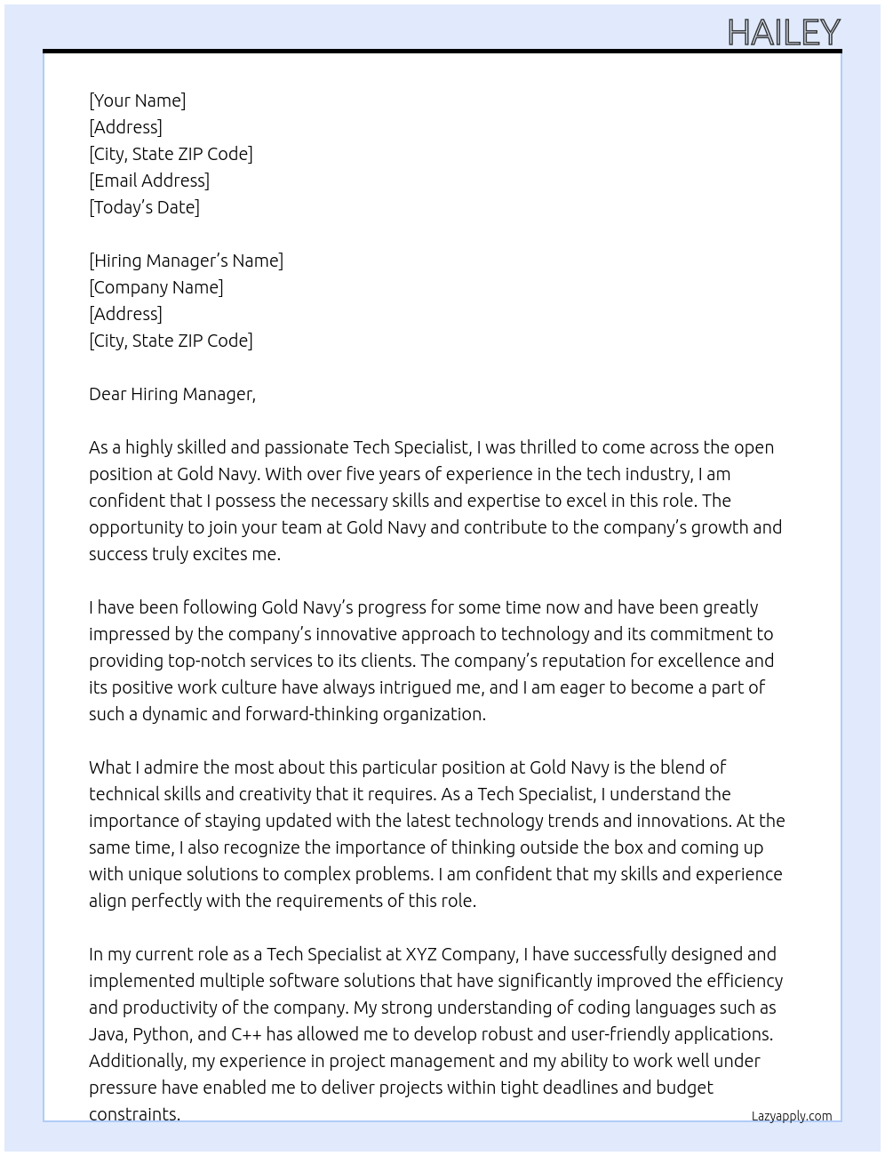 Tech Specialist At Gold Navy Cover Letter