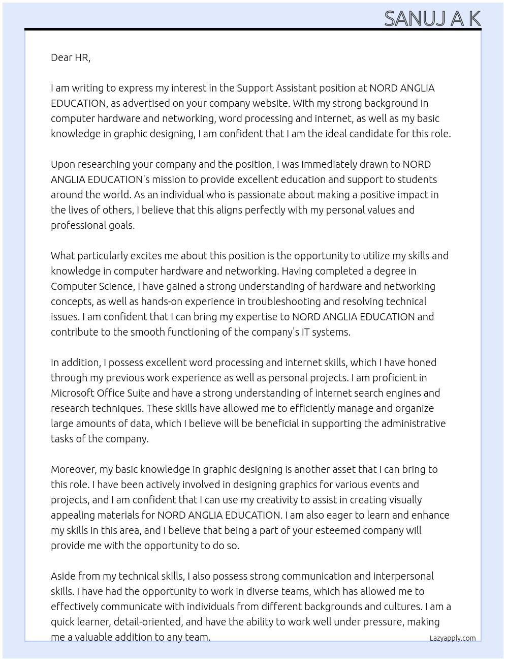 Support Assistant At NORD ANGLIA EDUCATION Cover Letter