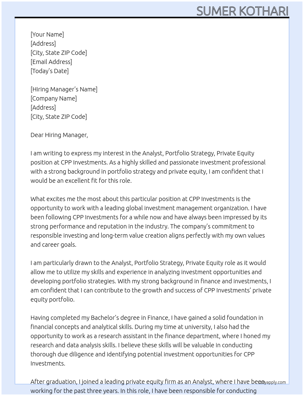 Analyst, Portfolio Strategy, Private Equity At CPP Investments Cover Letter