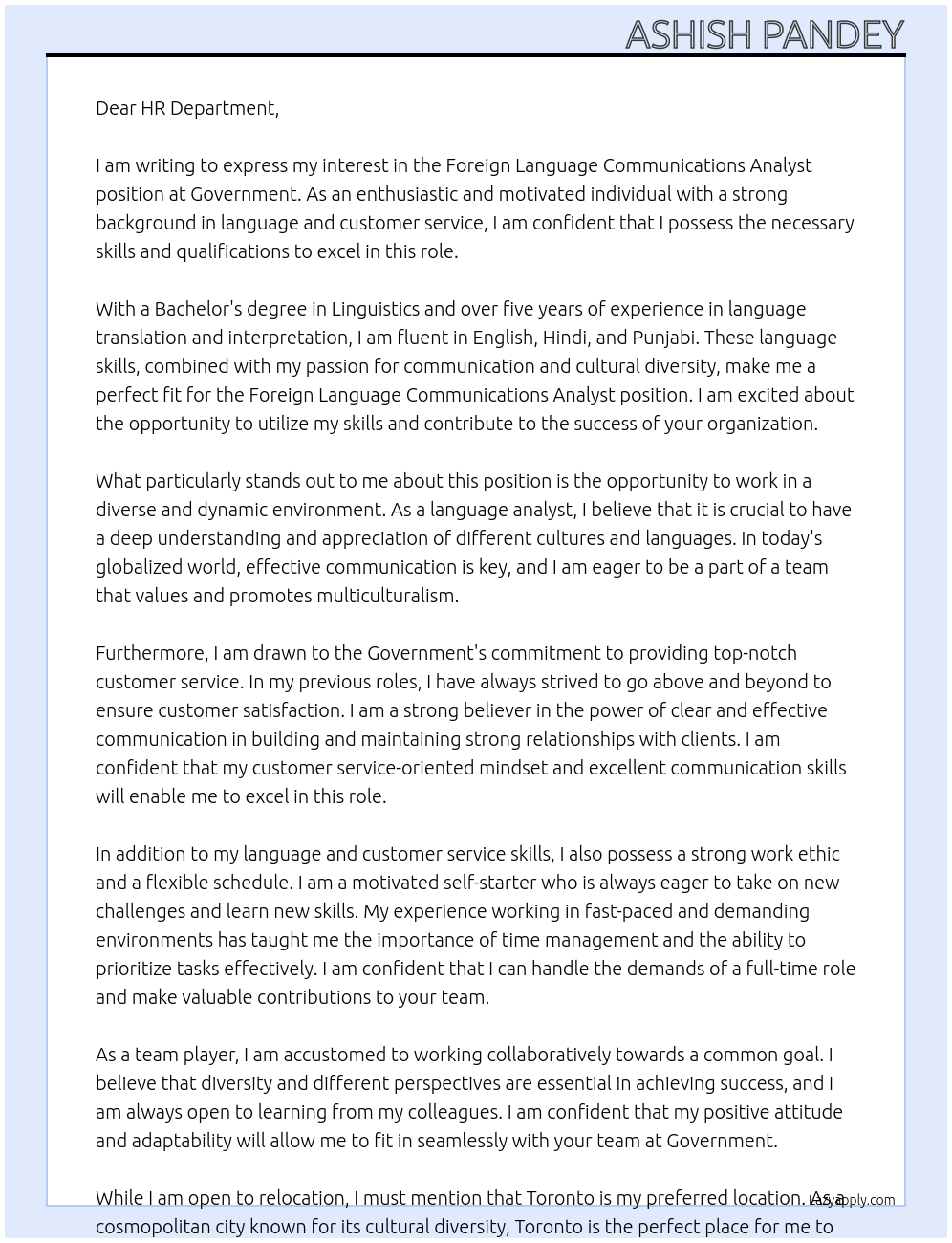 Foreign Language Communications Analyst  At Government Cover Letter