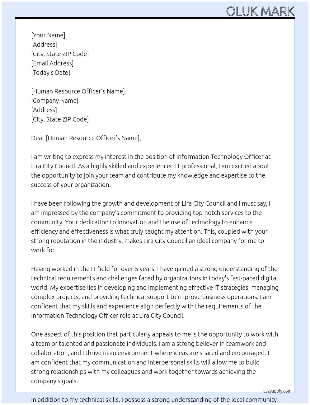 Information Technology Officer At Lira City Council Cover Letter