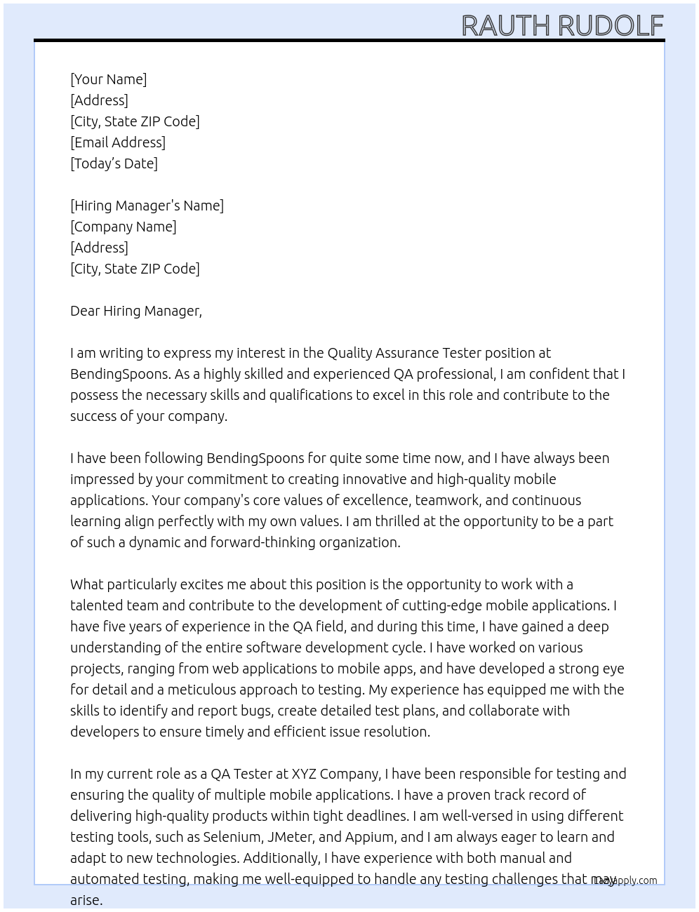 Quality assurance tester At BendingSpoons Cover Letter