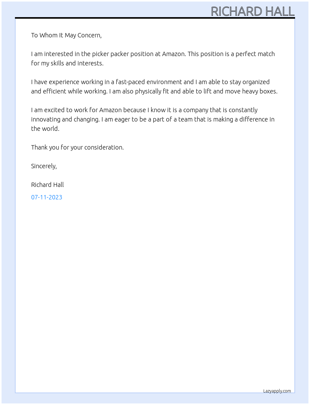 Picker packer At Amazon Cover Letter