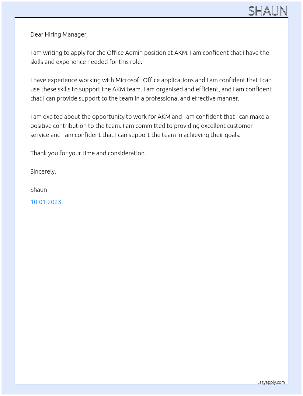 Office admin At akm Cover Letter