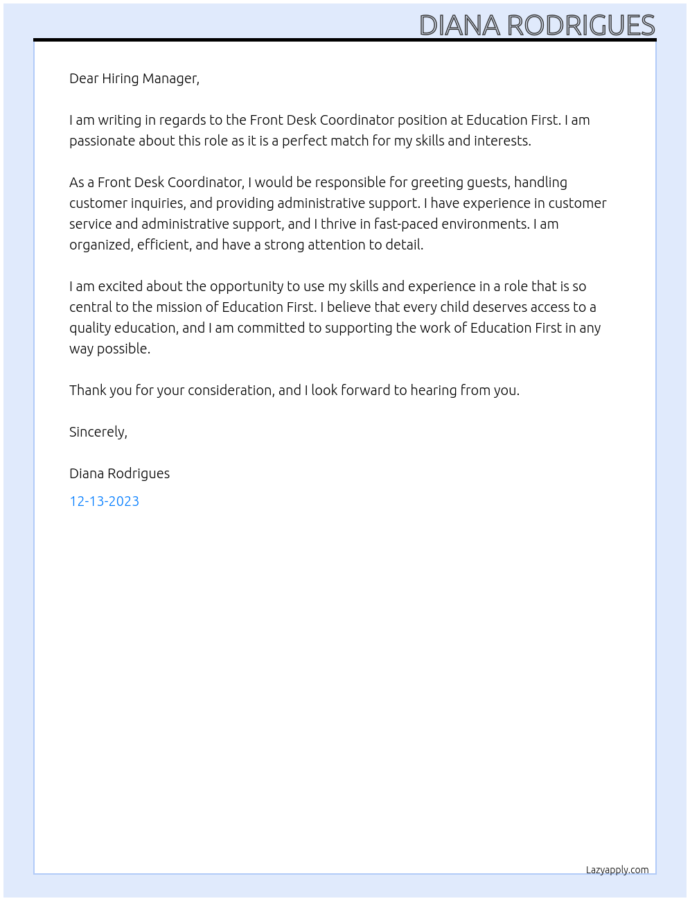 Front Desk Coordinator At Education First Cover Letter