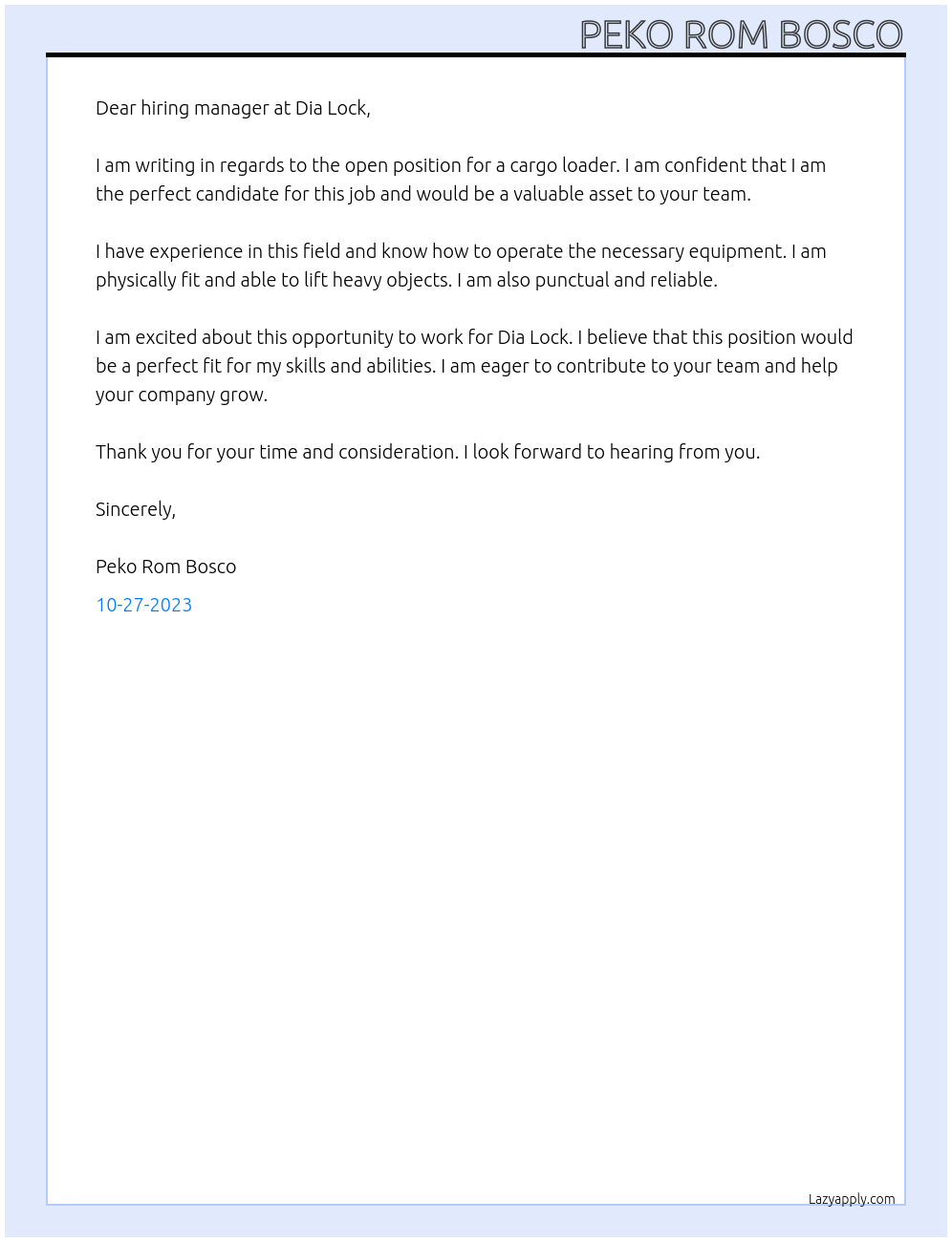 CARGO LOADER At Dia Lock Cover Letter