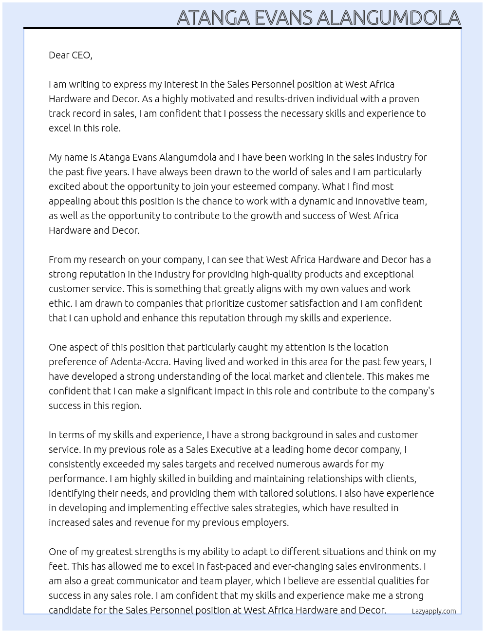 Sales Personnel At West Africa Hardware and Decor Cover Letter