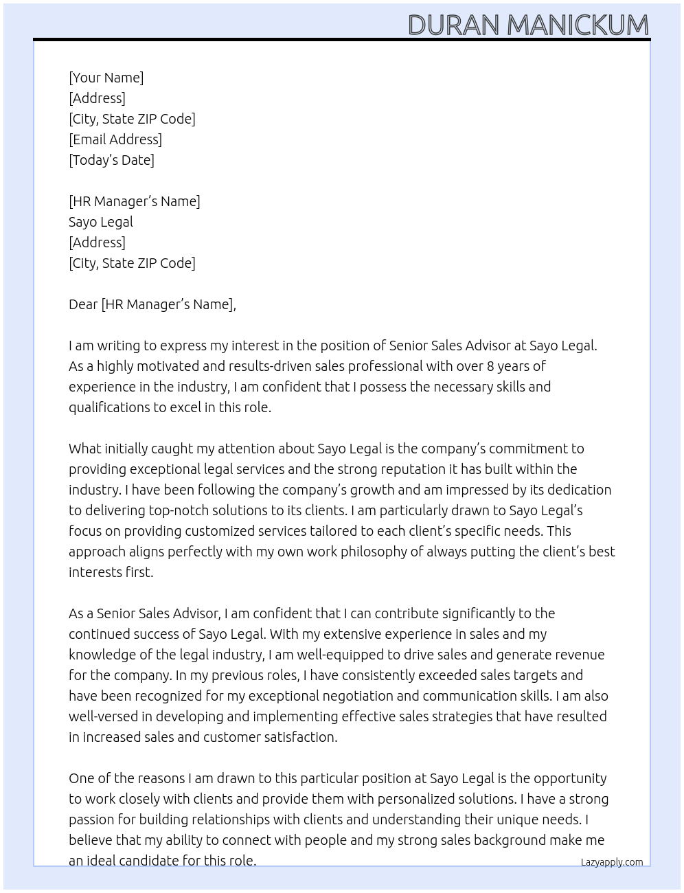Cover letter for senior sales advisor - LazyApply