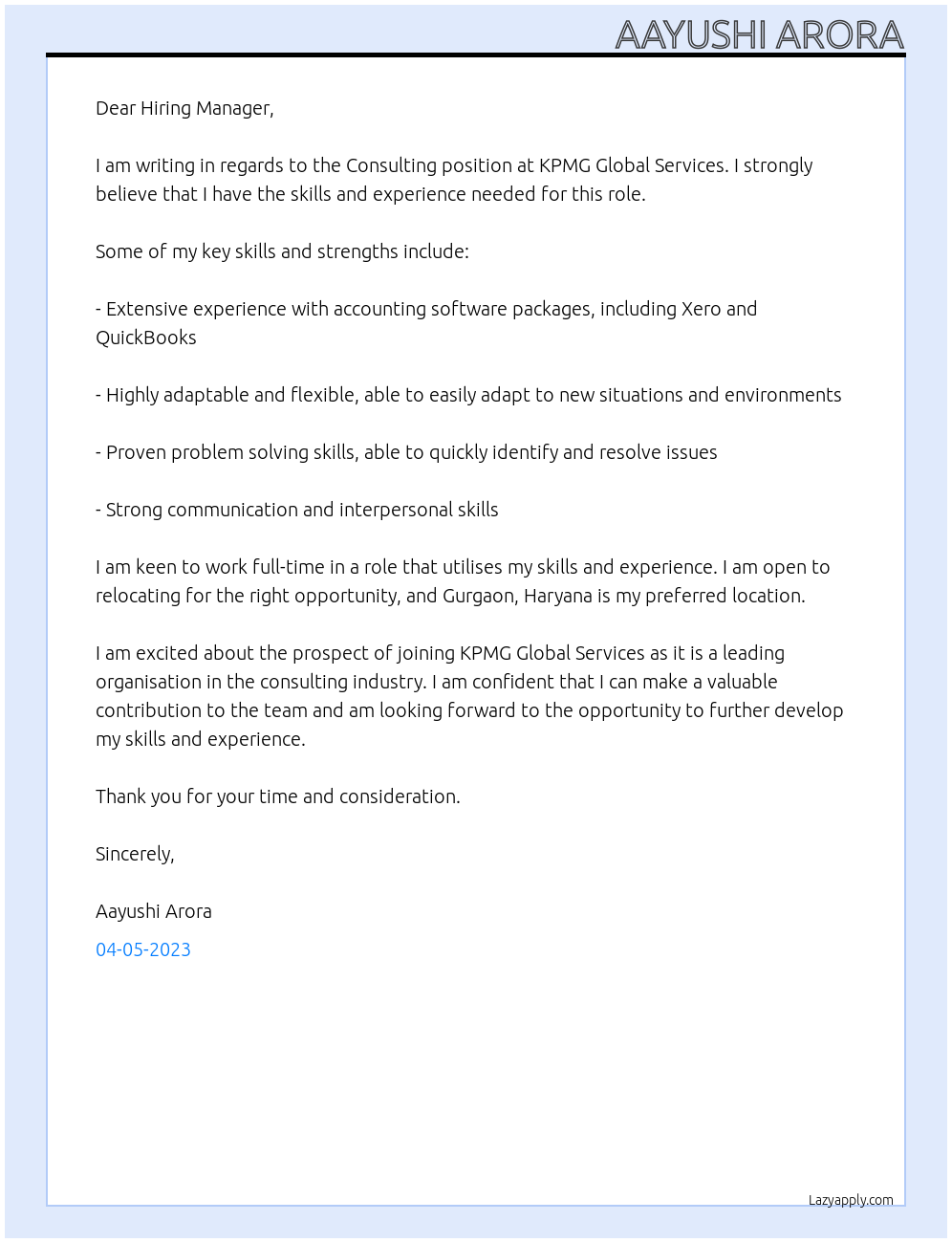 Consulting At KPMG Global services Cover Letter