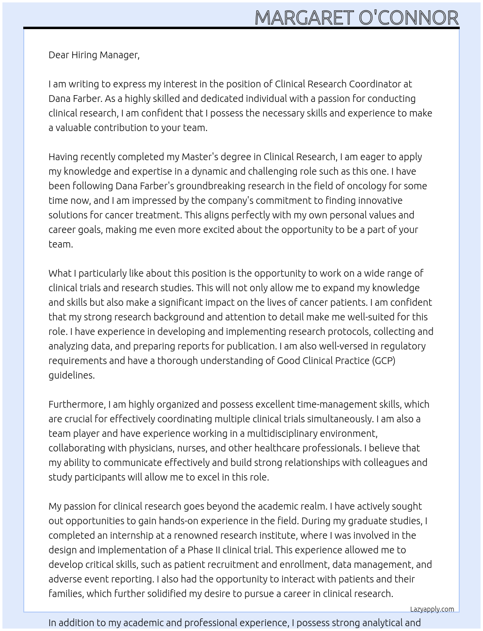 Clinical Research Coordinator At Dana Farber Cover Letter